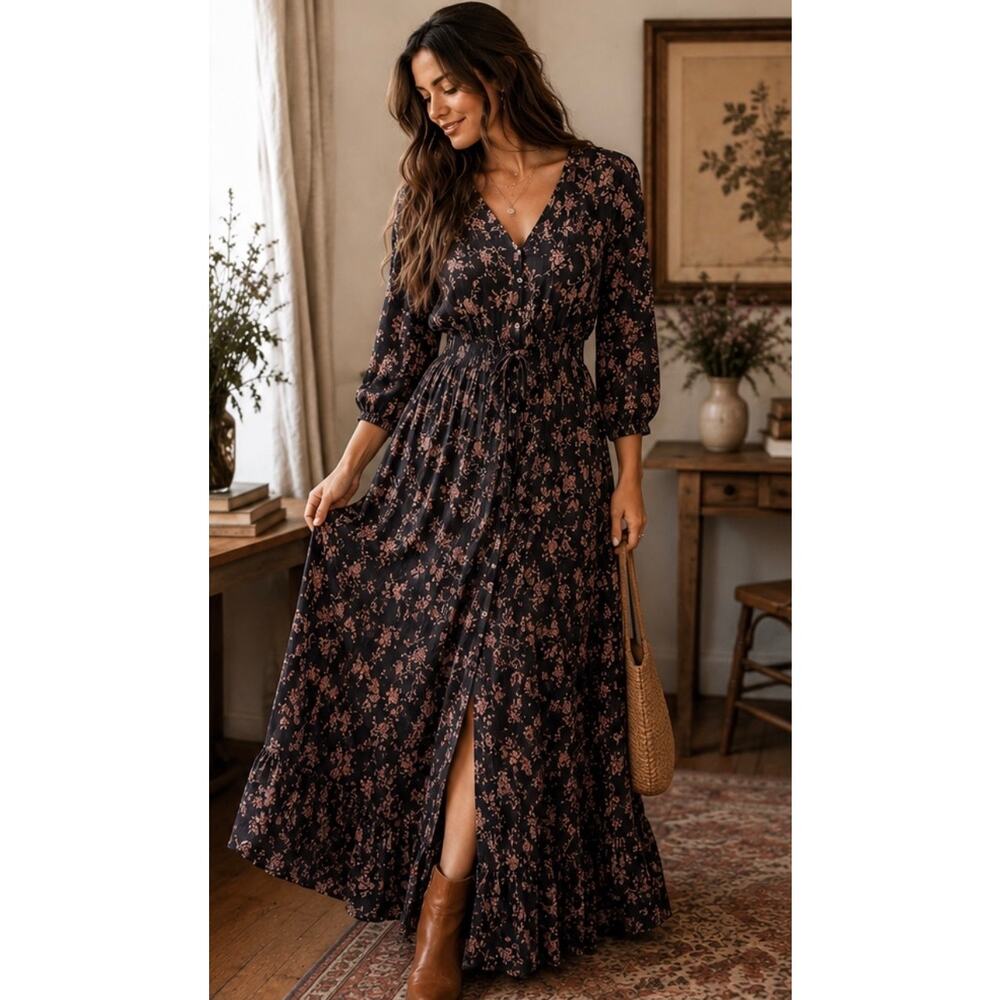 Wild Moss Floral Boho Maxi Dress Button Front 3/4 Sleeve M Navy Pink